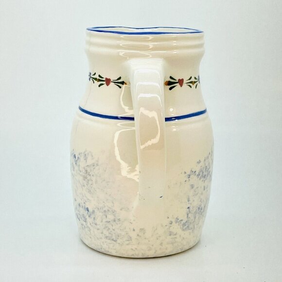 Jo-Chen Blue White Pottery Pitcher Hand Painted Blue Trim Red Hearts USA - Picture 4 of 10